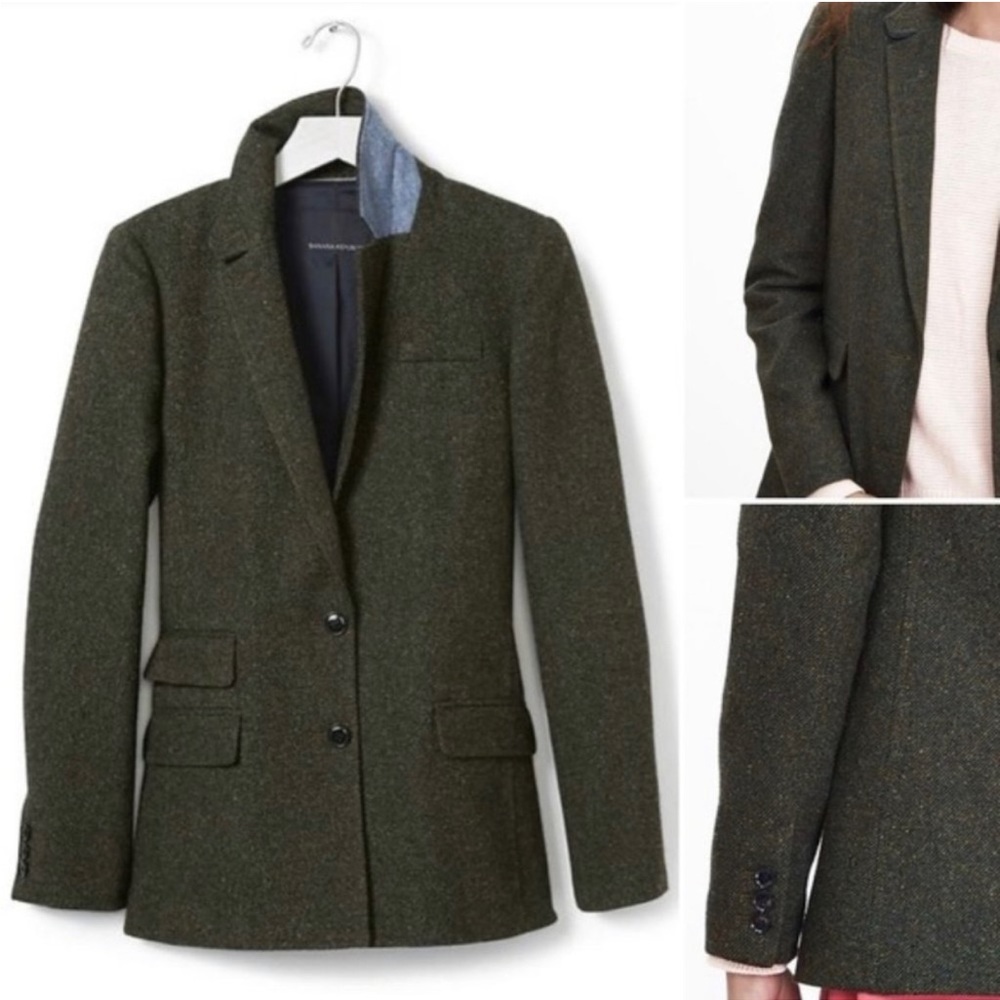 Banana Republic Wool Silk Jacket Academia Tweed Blazer Olive Relaxed Boxy Fit 6